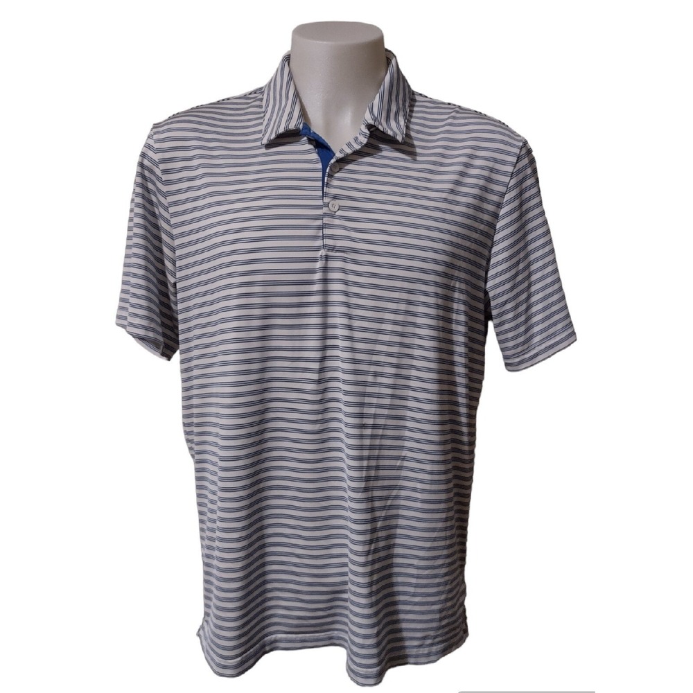 Adidas Polo Shirt Mens Large Golf Athleisure White Blue Striped Logo Relaxed Fit